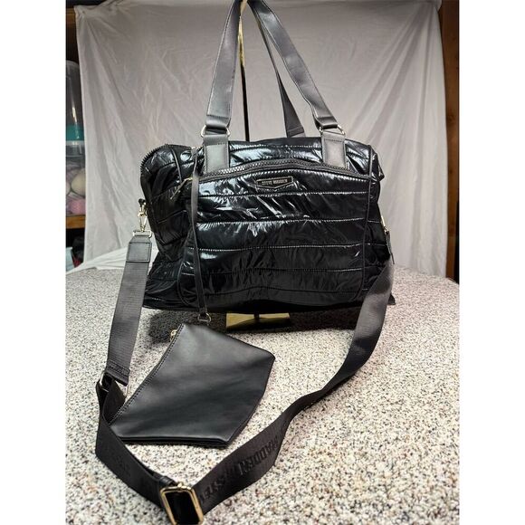Steve Madden Black Metallic Puffer Weekender Duffel Bag Unisex Travel - Picture 1 of 12